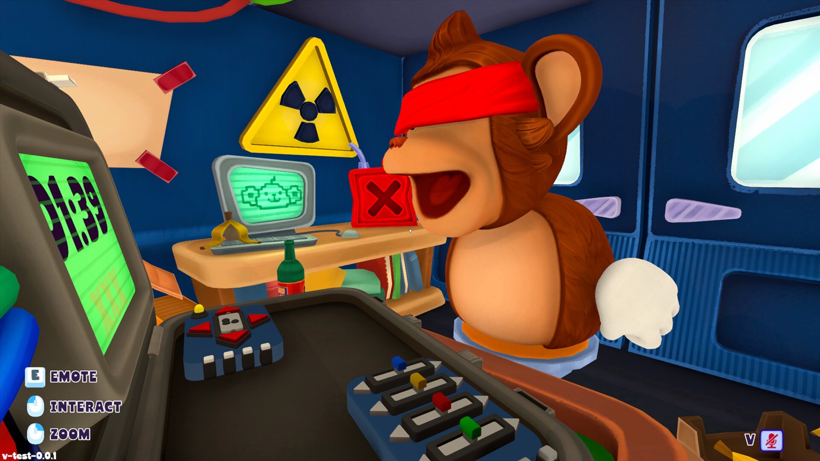 The Blind Monkey mid-shout beside a keypad and a colored switch-and-slider module, with a green countdown timer visible in the background