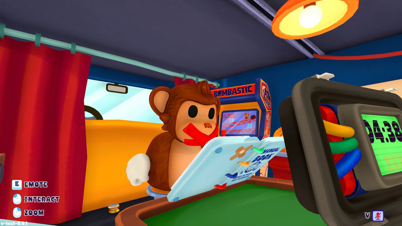 The Mute Monkey, wearing a red mouth cover, holding open the disposal manual book with an arcade cabinet visible in the background