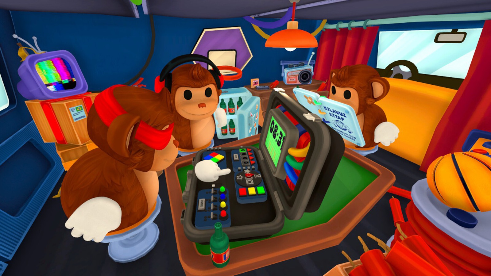 The official BOMBANANA! game: three monkeys huddled around an open manual and a bomb case, from the Steam store page