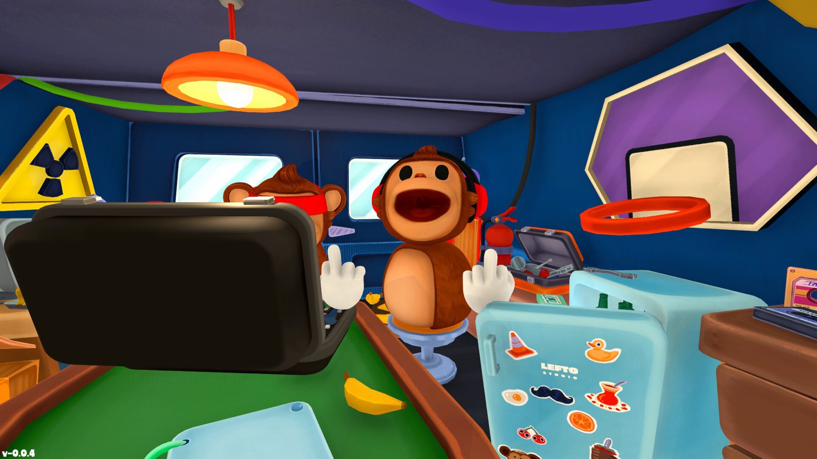 Inside the cramped, sticker-covered BOMBANANA bomb van, showing the general atmosphere the demo levels play out in